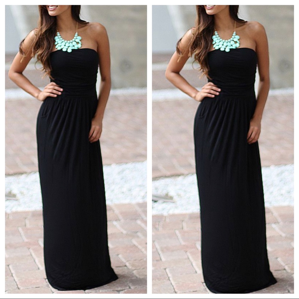06 Black chic tube maxi dress with side pockets - Picture 2 of 8